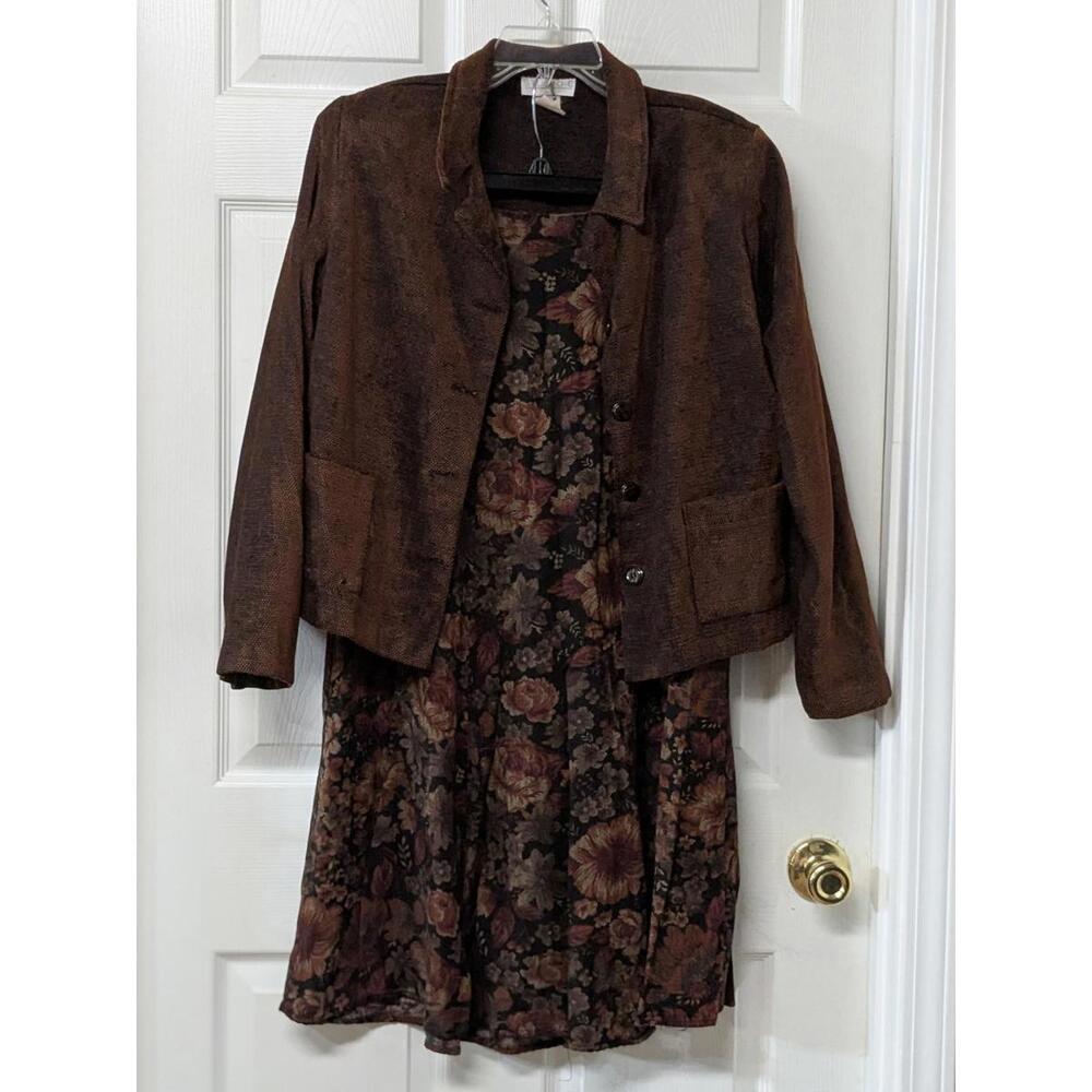 Studio C Brown Textured Jacket with Floral skirt Set